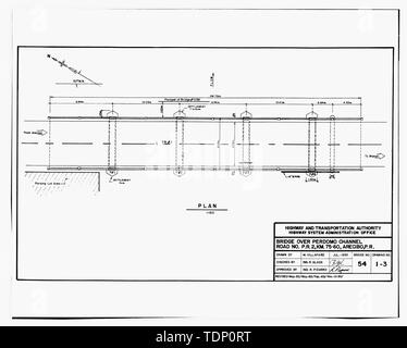 Photocopy of drawing (this photograph is an 8''x 10'' contact print; November 1, 1993 revision of a May, 1982 as built drawing by M. Villafane, in possession of the Highway System Administration Office of the Puerto Rico Highway and Transportation Authority) Bridge over Perdomo Channel, Road no. P.R.2, Km. 75.60, Arecibo, P.R. no. 1 of 3. - Puente del Caño Perdomo, Route PR-2 spanning Cano Perdomo Channel, Arecibo, Arecibo Municipio, PR; Nones, Rafael; Gonzalez, Adriano; Arqueologia Industrial Caribena, contractor; Calloway, Deborah, transmitter; Mendez-Caratini, Hector, photographer; Pumarada Stock Photo