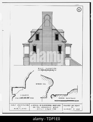 Photocopy of drawing, measured and drawn by Albert P. Erb. WEST ELEVATION - Dr. David Ross House, Annapolis Road (moved to Preservation Hill, Western Run Road, Cockeysville), Bladensburg, Prince George's County, MD; Ross, David; Brostrup, John O, photographer; Smith, Delos H, photographer; Peterson, Charles E, photographer; Peterson, Charles E, photographer Stock Photo