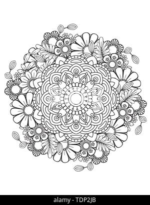 Floral mandala pattern in black and white. Adult coloring book page with flowers and mandalas. Oriental pattern, vintage decorative elements. Hand drawn vector illustration Stock Vector