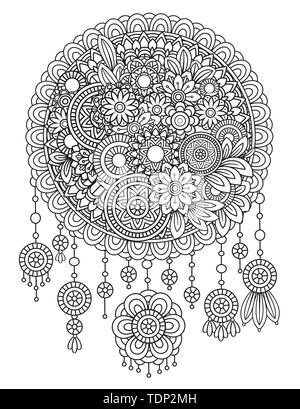 ult coloring page with floral dreamcatcher. Black and white doodle flowers. Bouquet line art vector illustration isolated on white background. Design element Stock Vector