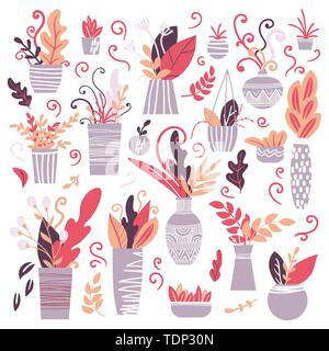 Vector collection of house plant isolated on white background. Illustration of indoor and office plants in pots. Design elements. Modern style Stock Vector