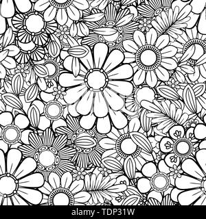 Monochrome floral background. Hand drawn decorative flowers. Perfect for wallpaper, adult coloring books and pages, web page background, surface textures. Stock Vector