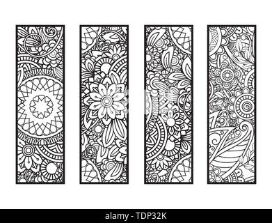 Set of four bookmarks in black and white. Doodles flowers and ornaments for adult coloring book. Vector illustration. Stock Vector