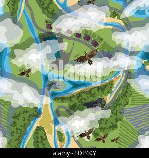 vector illustration seamless background from trees, village, fields, beach and birds in brown colors Stock Vector