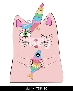 Cat unicorn with a rainbow fish in its paws, print, design Stock Vector