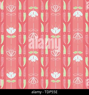 Hand drawn unfinished blue and green leaves and flowers. Seamless vertical geometric vector pattern on striped coral background. Great for wellness Stock Vector