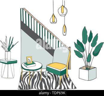Vector illustration of a cozy cartoon interior of a home room, a living room with a sofa, coffee table, chest of drawers, shelf and window curtains Stock Vector