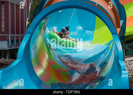 Orlando, Florida. June 05, 2019. People enjoying Karekare Curl water attraction at Seaworld . Stock Photo