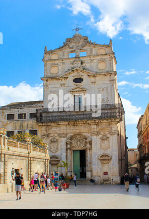 Syracuse, Sicily, Italy - Apr 10th 2019: Vertical picture capturing amazing Santa Lucia Alla Badia Church in Ortygia Island. Popular tourist attraction. Sightseeing.