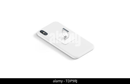 Blank white fingergrip sticked on mobile phone mock up, isolated, side view, 3d rendering. Empty stickypad with ring handle for cellphone mockup. Clear accessory glued on the back of mobile. Stock Photo