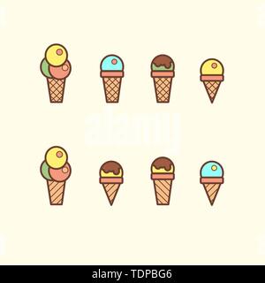 Doodle set Ice cream with different types ice cream waffle cone, cup ice cream, popsicle, sundae. A multi-colored sketch brown, pink, green, yellow st Stock Vector