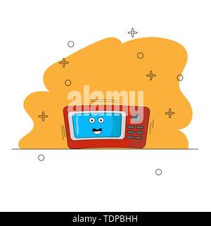 Cartoon microwave kitchen appliances. Funny character. A red and blue microwave with eyes on a yellow background is working. icon, symbol, games, web Stock Vector