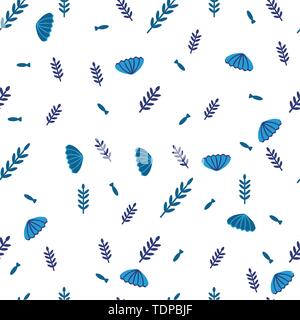 Marine background Hand drawn vector illustrations - seamless pattern of Blue seashells and algae. Doodle style Perfect for invitations, greeting cards Stock Vector