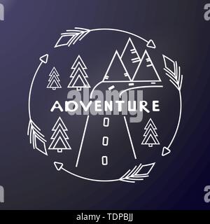 Outdoor sticker. Adventure. Trees, road and Mountains in round frame of arrows. print on textile, club shirt, graphic design. Vector illustration Stock Vector