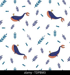 Marine whale background Hand drawn vector illustrations - seamless pattern of Blue seashells and algae. Doodle style Perfect for invitations, greeting Stock Vector