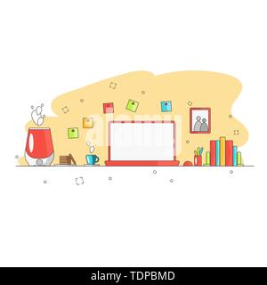 Flat Style Modern Design Concept of Creative Office Workspace. Icons Collection of Business Work Flow Items and Elements, To decorate the workplace, a Stock Vector