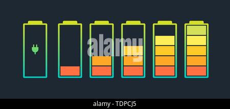 Battery charge indicator icons set. Charging level full power low to high up and electric plug. Gadget alkaline energy status vector illustration Stock Vector