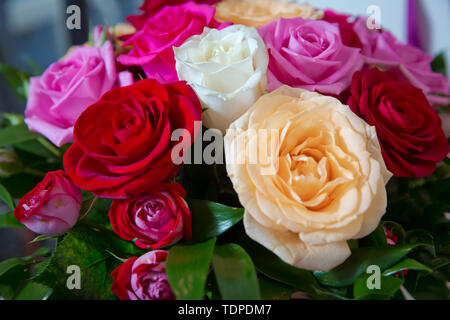 Beautiful bunch of Gerbera flowers with white, red, pink and yellow flowers .Beautiful wedding colorfull bouquet for bride. Beauty of colored flowers. Stock Photo