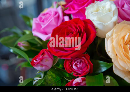 Beautiful bunch of Gerbera flowers with white, red, pink and yellow flowers .Beautiful wedding colorfull bouquet for bride. Beauty of colored flowers. Stock Photo