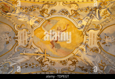 COMO, ITALY - MAY 10, 2015: The baroque fresco of Resurrection of Jesus with the instrumenst of passion  in church Chiesa di San Agostino by Morazzone Stock Photo