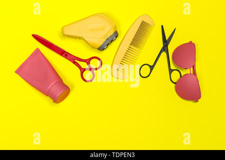 Flat lay composition with professional hairdresser tools on color background Stock Photo