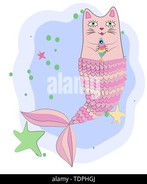 Cat unicorn with a mermaid's tail and with a rainbow fish in its paws, print design Stock Vector