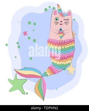 Cat unicorn with a mermaid's tail in the colors of the rainbow and with a rainbow fish in its paws, print design Stock Vector