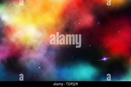 Space background. Realistic cosmos with stardust and nebula. Colorful universe with planet and milky way. Abstract color galaxy and shining stars Stock Vector