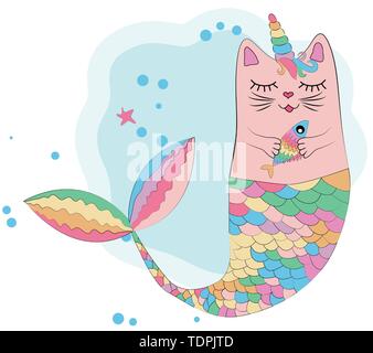 Cat unicorn with a mermaid's tail in the colors of the rainbow and with a rainbow fish in its paws, print design Stock Vector