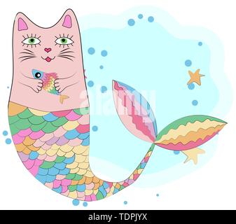 Cat unicorn with a mermaid's tail in the colors of the rainbow and with a rainbow fish in its paws, print design Stock Vector