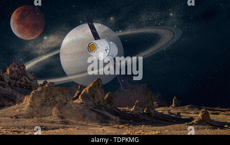 ViView of Saturn and moon and satellite from the surface of Mars, a composite image Stock Photo