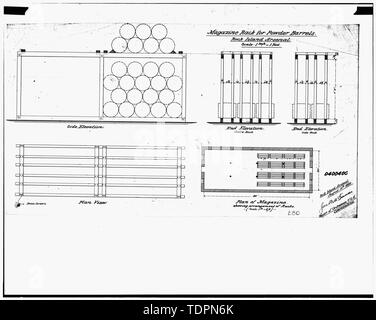 photograph of line drawing in possession of Engineering Plans and Services Division, Rock Island Arsenal. ELEVATIONS AND PLANS FOR POWDER BARREL RACK, 1889. - Rock Island Arsenal, Building No. 280, Sylvan Drive, Rock Island, Rock Island County, IL Stock Photo