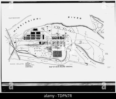 Photograph of line drawing in possession of Engineering Plans and Services Division, Rock Island Arsenal. MAP OF ROCK ISLAND ARSENAL, 1919, REVISED 1938 - Rock Island Arsenal, Rock Island, Rock Island County, IL Stock Photo