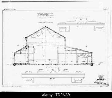 Photograph of line drawing in possession of the Engineering Division of the Directorate of Engineering and Housing, Watervliet Arsenal, New York. CROSS SECTION THROUGH SOUTH WING OF ARMY GUN FACTORY SHOWING LOCATION OF CRANEWAYS, ETC. FOR 60-TON AND 30-TON TRAVELING CRANES, JULY 24, 1893. - Watervliet Arsenal, Building No. 110, Hagner Road between Schull and Whittemore Roads, Watervliet, Albany County, NY Stock Photo
