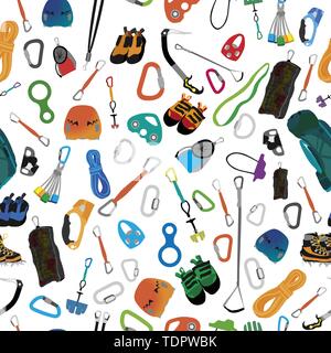 Illustration of assorted equipment and clothing for mountaineering forming seamless ornament. Vector Stock Vector