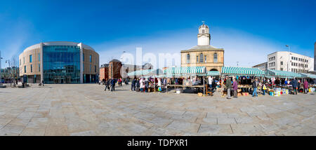 Open air market in a town square; South Shields, Tyne and Wear, England Stock Photo