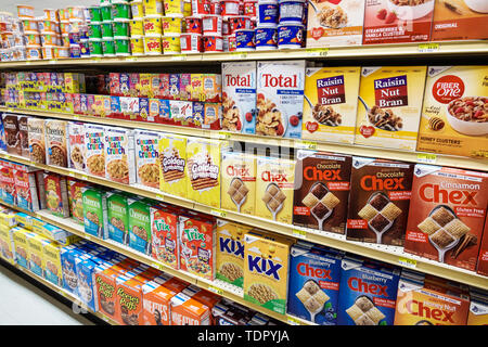 Breakfast cereal display on shelves in a Sainsburys supermarket, UK ...