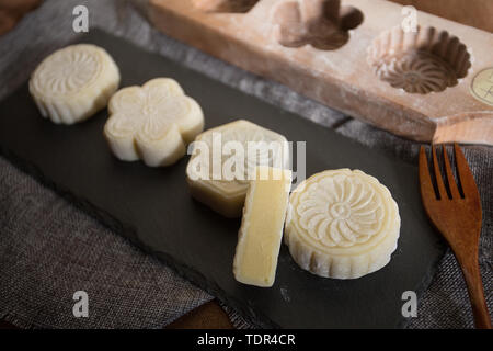 Homemade ice moon cakes cut open Stock Photo