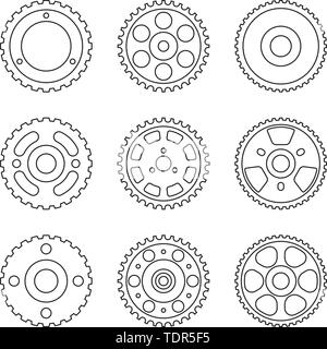 Timing pulley icon set. Machine parts. Vector thin line Stock Vector