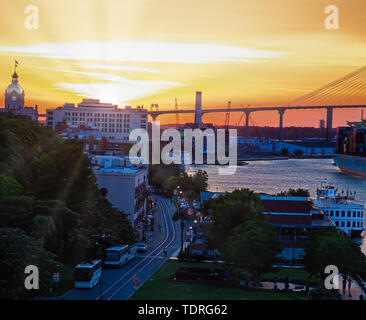 River Street at Sunset in Savannah Georgia Stock Photo