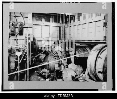 Photographic copy of historic photo, December 1, 1929 (original print filed in Record Group 115, National Archives, Washington, D.C.). OWYHEE DAM-CABLEWAY AND TOWER TRAVEL DRUMS IN HEAD TOWER. - Owyhee Dam, Across Owyhee River, Nyssa, Malheur County, OR Stock Photo