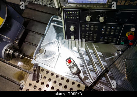 Measuring process with ruby touch probe on large CNC milling machine in jog mode. Stock Photo