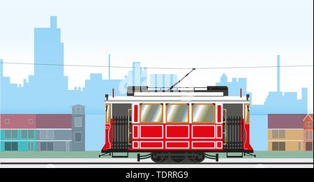Cityscape with a retro tram passing by. Vector illustration Stock Vector