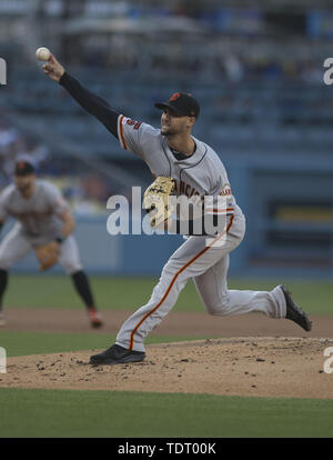 Los Angeles, CALIFORNIA, USA. 17th June, 2019. Starting pitcher Tyler Beede #38 of the San Francisco Giants pitches against the Los Angeles Dodgers in the first inning at Dodger Stadium on June 17, 2019 in Los Angeles, CaliforniaSan Francisco Giants won the gam 3-2.Armando Arorizo Credit: Armando Arorizo/Prensa Internacional/ZUMA Wire/Alamy Live News Stock Photo