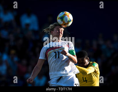 Montpellier. 17th June, 2019. Alexandra Popp (L) of Germany competes during the group B match between Germany and South Africa at the 2019 FIFA Women's World Cup in Montpellier, France on June 17, 2019. Credit: Xiao Yijiu/Xinhua/Alamy Live News Stock Photo