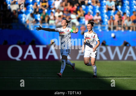 Montpellier. 17th June, 2019. Alexandra Popp (L) of Germany celebrates after scoring during the group B match between Germany and South Africa at the 2019 FIFA Women's World Cup in Montpellier, France on June 17, 2019. Credit: Chen Yichen/Xinhua/Alamy Live News Stock Photo
