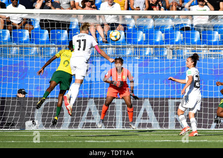 Montpellier. 17th June, 2019. Alexandra Popp (2nd L) of Germany scores during the group B match between Germany and South Africa at the 2019 FIFA Women's World Cup in Montpellier, France on June 17, 2019. Credit: Chen Yichen/Xinhua/Alamy Live News Stock Photo