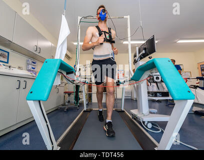 Dresden Germany. 18th June 2019. Soccer 2nd Bundesliga performance diagnostics SG Dynamo Dresden. Player Florian Ballas runs with a breathing mask on a treadmill during performance diagnostics in the ...