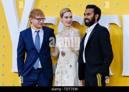 Ed Sheeran, Lily James and Himesh Patel attend the UK Premiere of 'Yesterday'  at the Odeon Luxe in Leicester Square, London, England. (Photo by James  Warren / SOPA Images/Sipa USA Stock Photo 