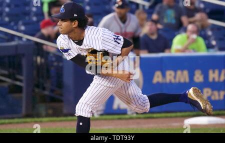 Trenton, New Jersey, USA. 18th June, 2019. The New York Yankees' number  four prospect, 20-year-old pitcher DEIVI GARCIA of the Trenton Thunder, was  promoted to the Scranton/Wilkes-Barre RailRiders today after he was